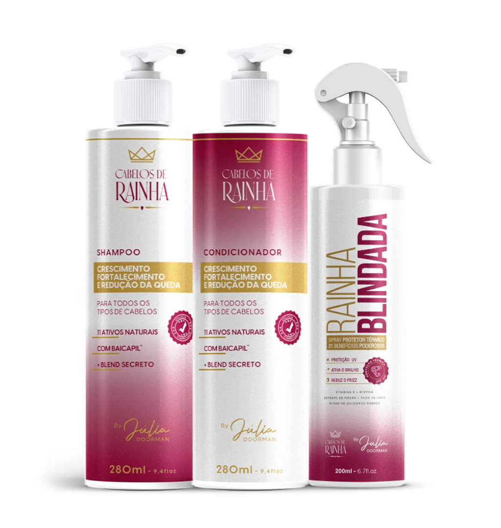 1 Shampoo + 1 Condicionador Cabelos de Rainha + 1 Spray Rainha Blindad 1 Shampoo + 1 Condicionador Cabelos de Rainha + 1 Spray Rainha Blindad