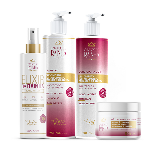 1 Shampoo + 1 Condicionador Crescimento e Fortalecimento + 1 Tônico Elixir da Rainha  + 1 Máscara Hidronutritiva