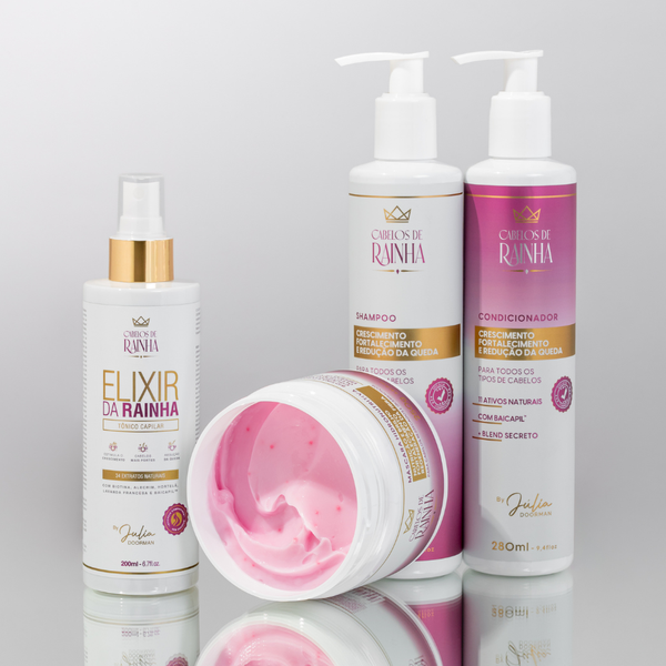 1 Shampoo + 1 Condicionador Crescimento e Fortalecimento + 1 Tônico Elixir da Rainha  + 1 Máscara Hidronutritiva