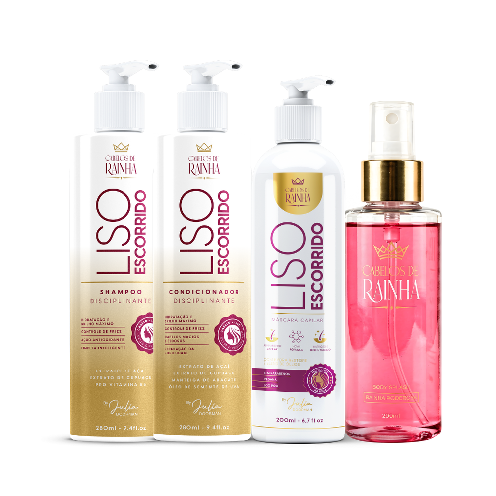 1 Shampoo + 1 Condicionador + 1 Máscara Disciplinante Liso Escorrido + 1 Body Splash Rainha Poderosada Cabelos de Rainha