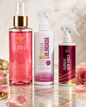 1 Máscara Rainha Sem Frizz + 1 Spray Rainha Blindada + 1 Body Splash Rainha Poderosada Cabelos de Rainha