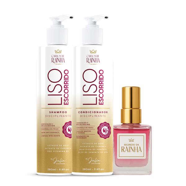 1 Shampoo + 1 Condicionador Liso Escorrido + 1 Finalizador Bifásico Segredo da Rainha da Cabelos de Rainha