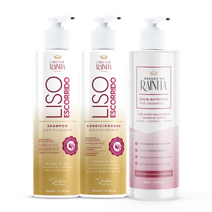 🔥🔥 Promoção: 1 Shampoo + 1 Condicionador Liso Escorrido + 1 Tratamento Pré Lavagem Escudo da Rainha (Pre Shampoo)