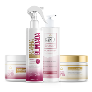 🔥🔥 Promoção: 1 Máscara Hidronutritiva + 1 Máscara de Reconstrução Rainha da Força + 1 Spray Rainha Blindada + 1 Escudo da Rainha