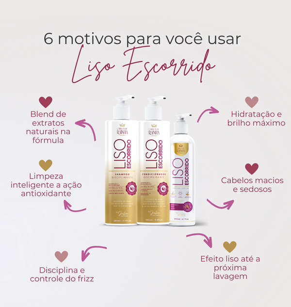 1 Shampoo + 1 Condicionador + 1 Máscara Liso Escorrido + Rainha da Força