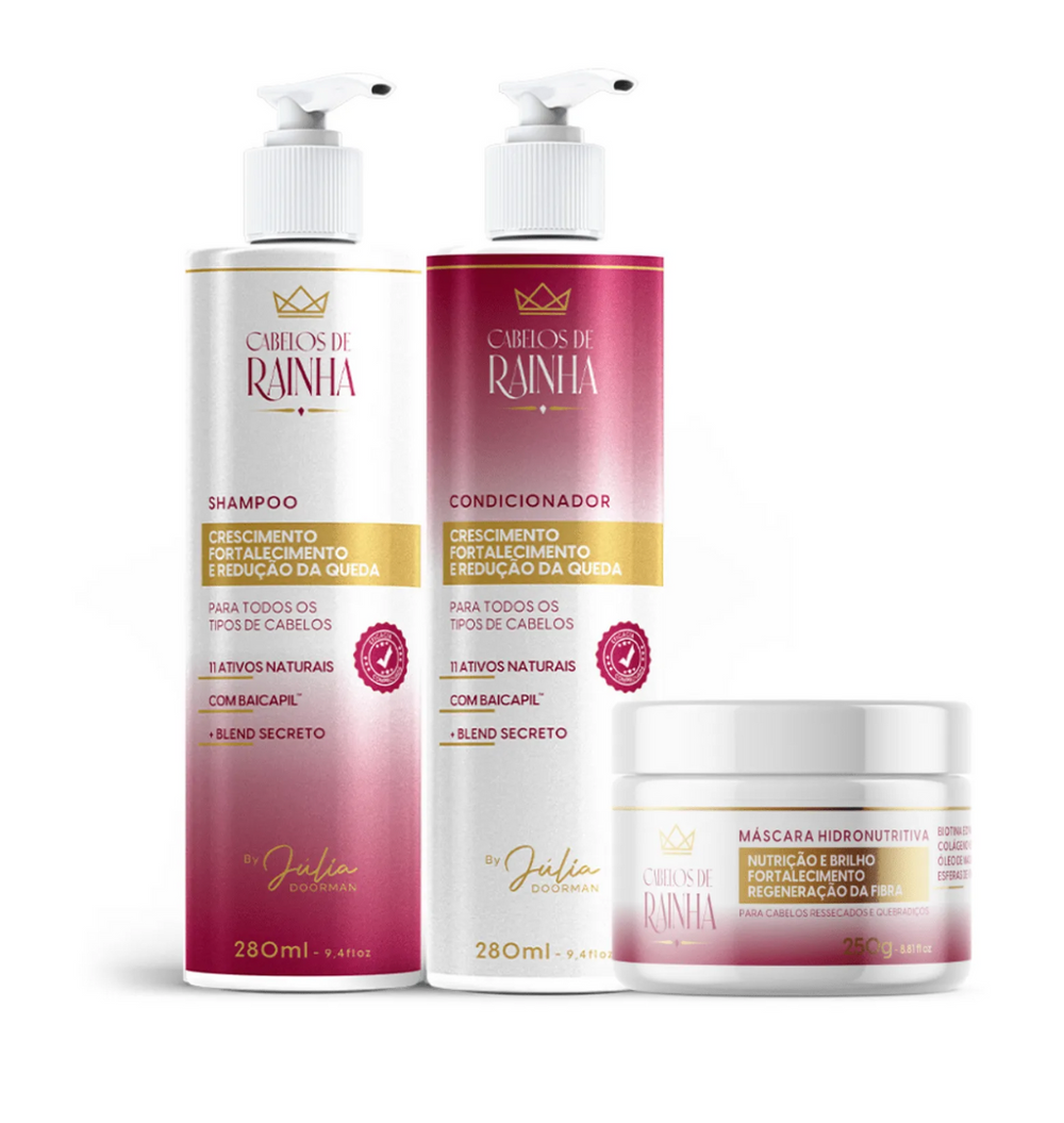 1 Shampoo + 1 Condicionador de Crescimento e Fortalecimento + 1 Máscara Hidronutritiva Cabelos de Rainha