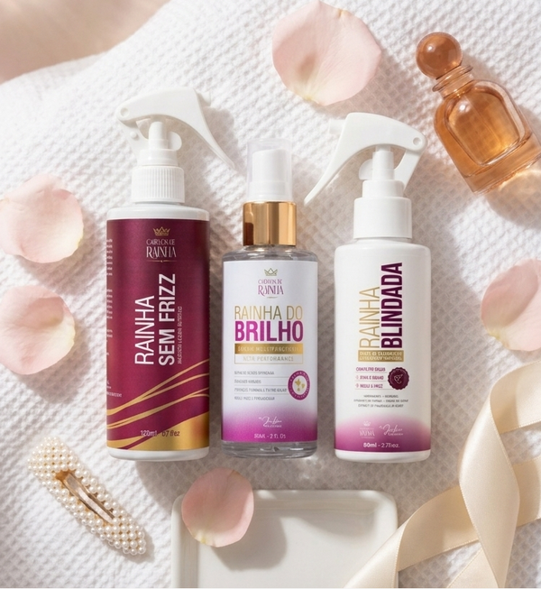 1 Máscara Rainha Sem Frizz + 1 Sérum Rainha do Brilho + 1 Spray Rainha Blindada Miniatura (80 ml)