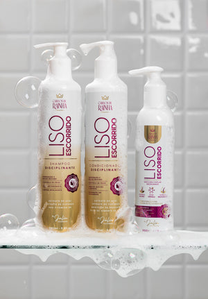 1 Shampoo + 1 Condicionador + 1 Máscara Disciplinante Liso Escorrido Cabelos de Rainha