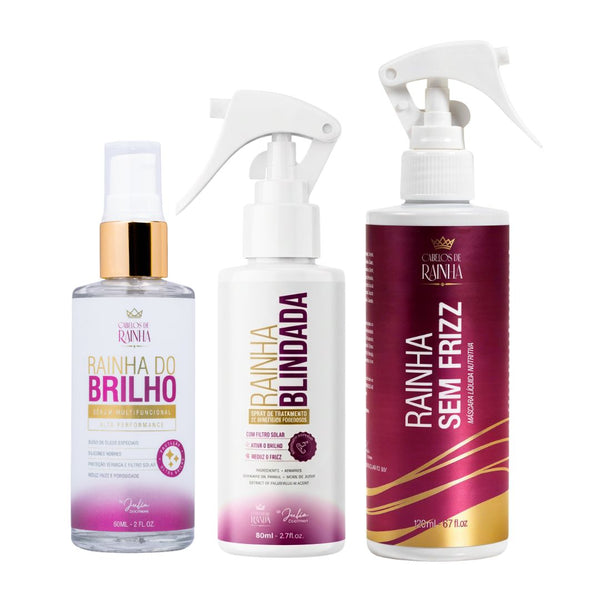 1 Máscara Rainha Sem Frizz + 1 Sérum Rainha do Brilho + 1 Spray Rainha Blindada Miniatura (80 ml)