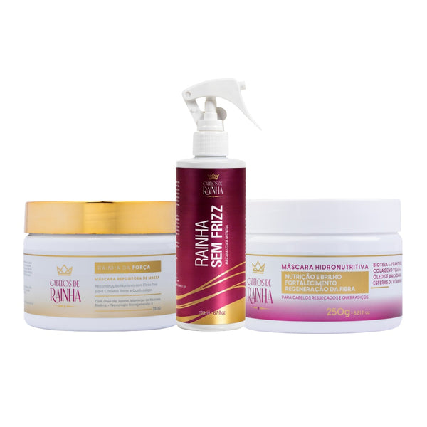 🔥🔥 Promoção: 1 Máscara Hidronutritiva + 1 Máscara Rainha Sem Frizz + 1 Máscara Rainha da Força da Cabelos de Rainha