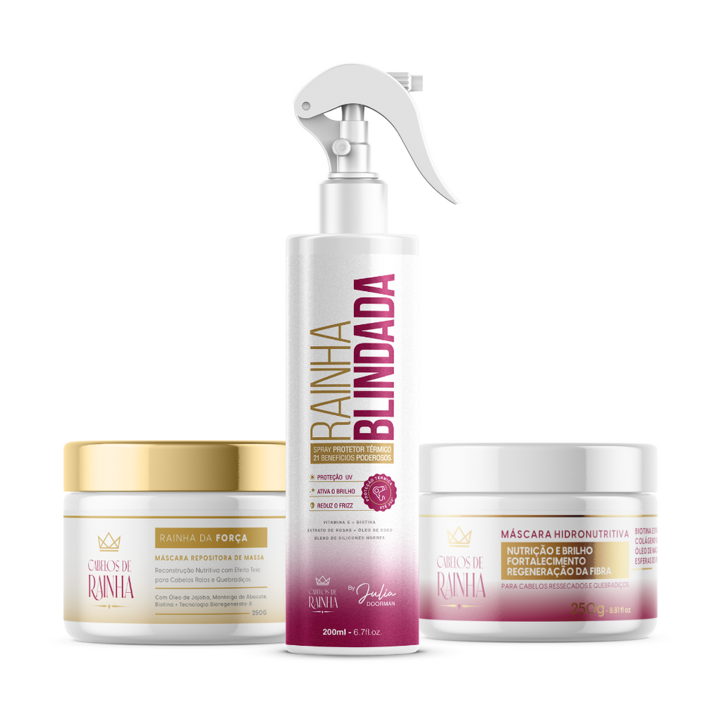 1 Máscara Hidronutritiva + 1 Máscara de Reconstrução Rainha da Força + 1 Spray Rainha Blindada Cabelos de Rainha