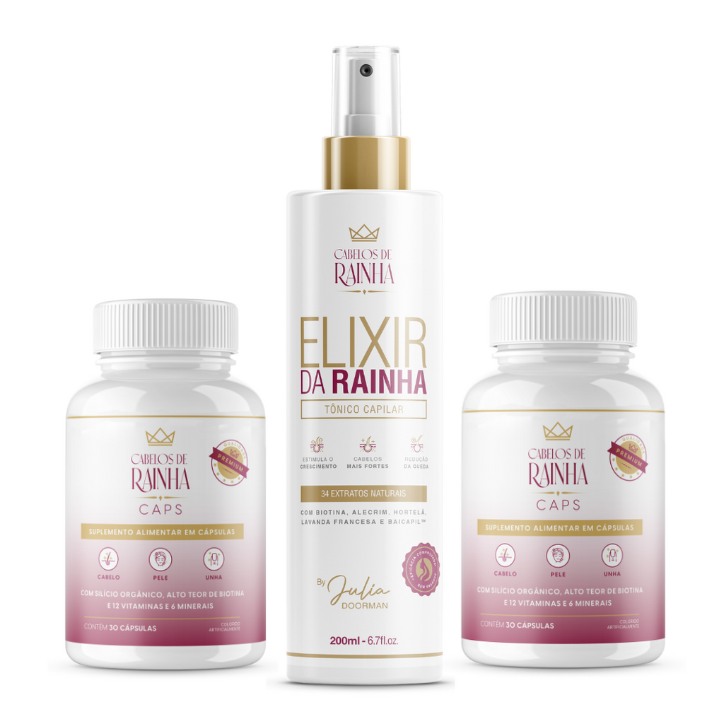 2 potes da Vitamina Cabelos de Rainha Caps + 1 Tônico Capilar Cabelos de Rainha