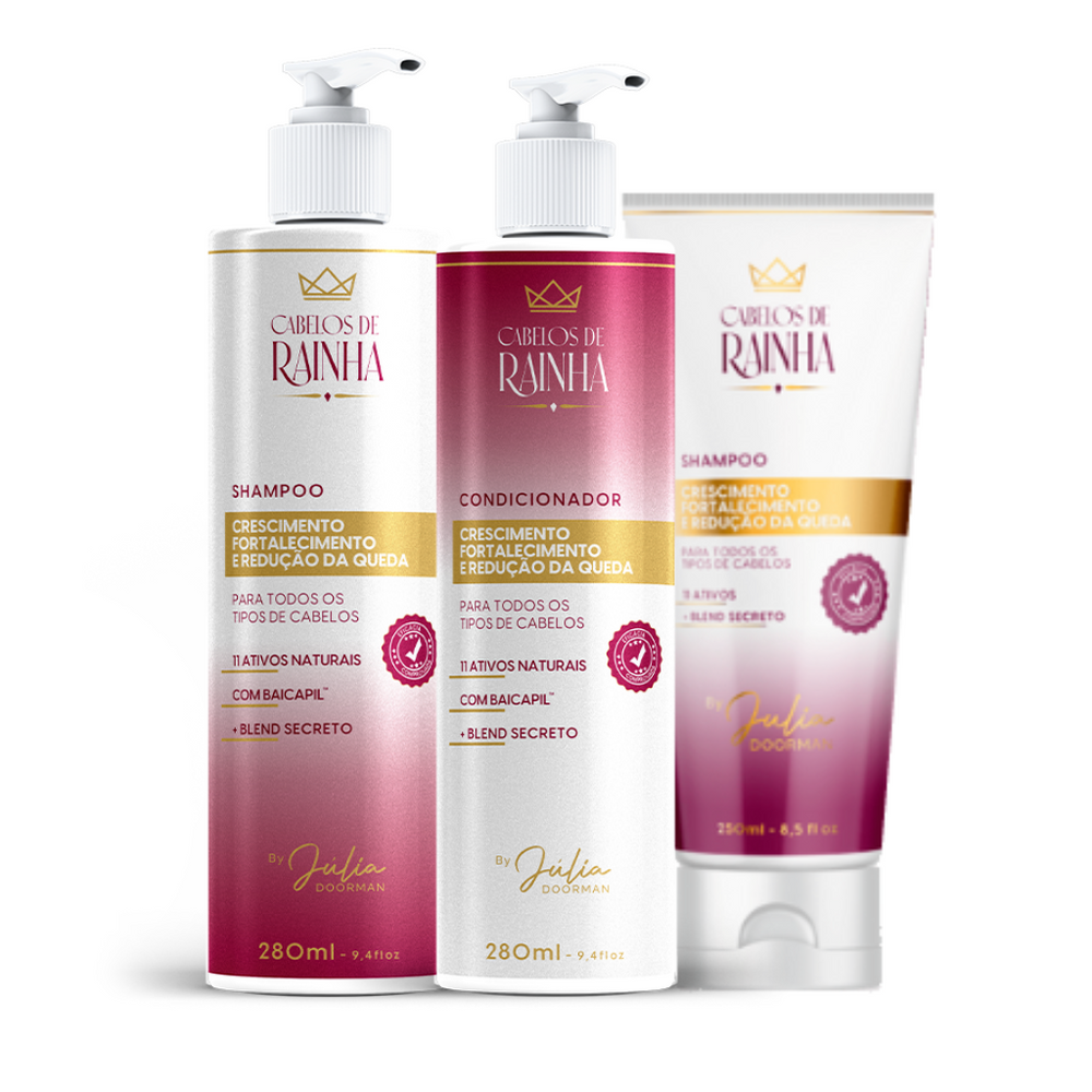 1 Shampoo 280 ml + 1 Condicionador 280 ml + 1 Shampoo Cabelos de Rainha 250 ml