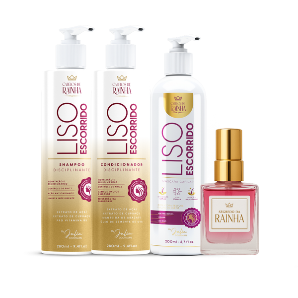 🔥🔥 Promoção: 1 Shampoo + 1 Condicionador + 1 Máscara Disciplinante Liso Escorrido + 1 Finalizador Segredo da Rainha