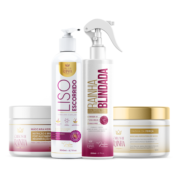 🔥🔥 Promoção: 1 Máscara Hidronutritiva + 1 Máscara de Reconstrução Rainha da Força + 1 Máscara Liso Escorrido + 1 Spray Rainha Blindada