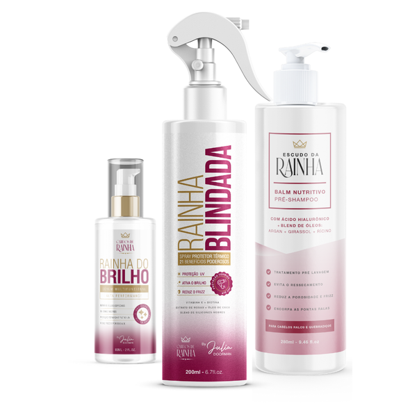 🔥🔥 Promoção: 1 Balm Nutritivo  Escudo da Rainha + 1 Spray Rainha Blindada + 1 Sérum Rainha do Brilho