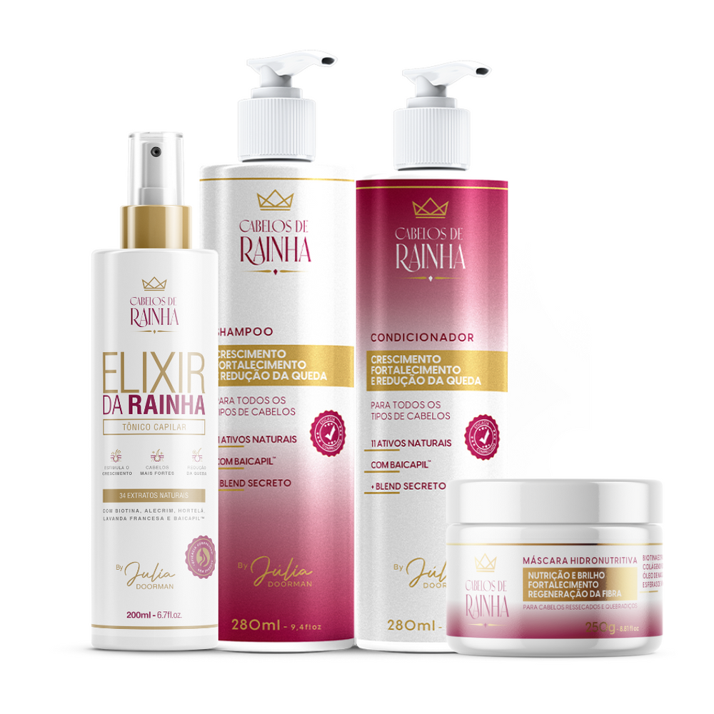 1 Shampoo + 1 Condicionador Crescimento e Fortalecimento + 1 Tônico Elixir da Rainha  + 1 Máscara Hidronutritiva
