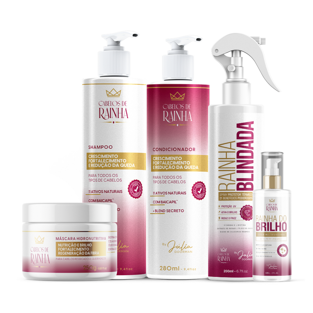 1 Shampoo + 1 Condicionador Cabelos de Rainha + 1 Máscara Hidronutritiva + 1 Spray Rainha Blindada + 1 Sérum Rainha do Brilho