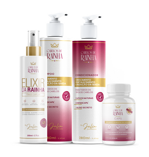 1 Shampoo + 1 Condicionador Crescimento e Fortalecimento + 1 Tônico Elixir da Rainha Cabelos de Rainha  + 1 Cabelos de Rainha Caps