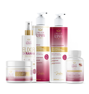 1 Shampoo + 1 Condicionador Crescimento e Fortalecimento + 1 Tônico Elixir da Rainha  + 1 Cabelos de Rainha Caps + 1 Máscara Hidronutritiva
