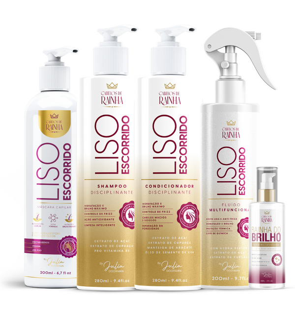 1 Shampoo + 1 Condicionador + 1 Máscara + 1 Spray Liso Escorrido + 1 Sérum Rainha do Brilho