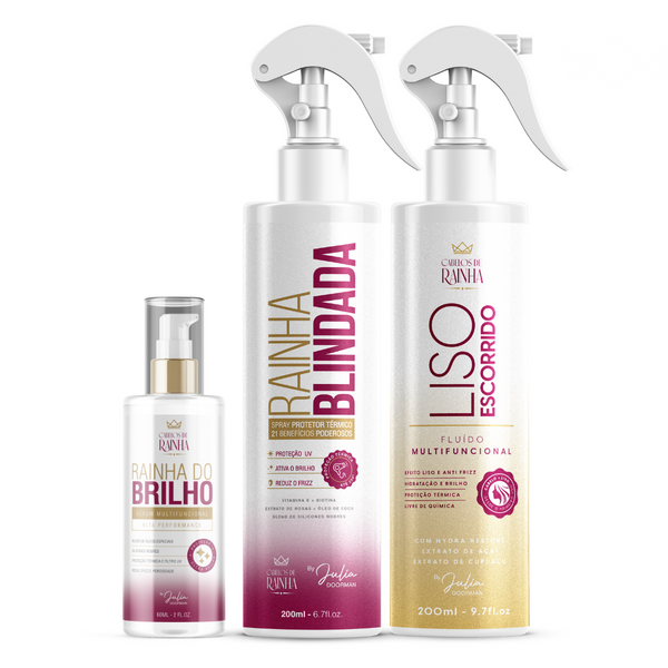 1 Spray Rainha Blindada + 1 Spray Liso Escorrido + 1 Sérum Rainha do Brilho Cabelos de Rainha