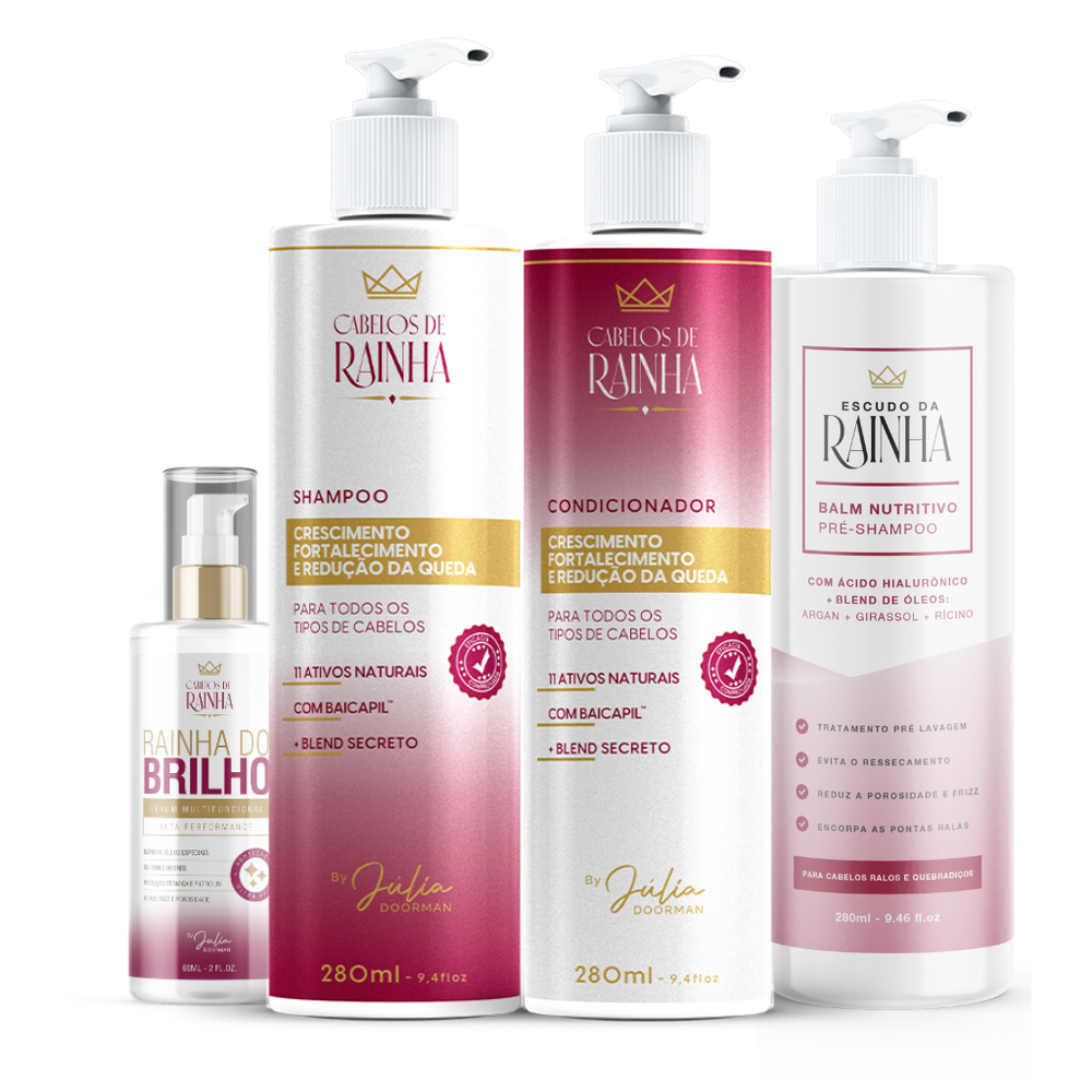 1 Shampoo + 1 Condicionador Crescimento e Fortalecimento + 1 Balm Escuro da Rainha + 1 Sérum Rainha do Brilho
