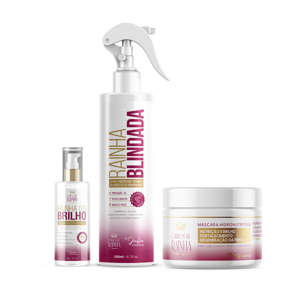 1 Spray Rainha Blindada + 1 Máscara Hidronutritiva + 1 Sérum Rainha do Brilho
