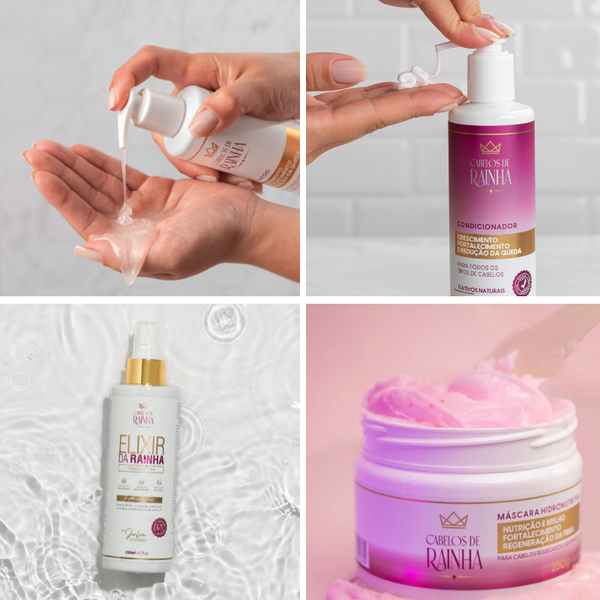 1 Shampoo + 1 Condicionador Crescimento e Fortalecimento + 1 Tônico Elixir da Rainha  + 1 Máscara Hidronutritiva
