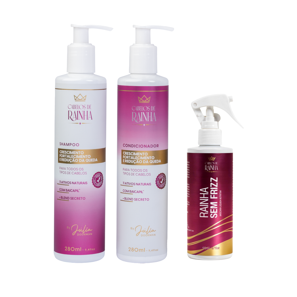 1 Shampoo + 1 Condicionador de Crescimento + 1 Máscara Líquida Rainha sem Frizz da Cabelos de Rainha