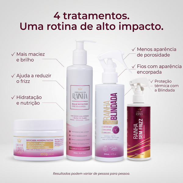 1 Balm Nutritivo Escudo da Rainha + 1 Spray Rainha Blindada + 1 Máscara Rainha Sem Frizz + 1 Máscara Hidronutritiva