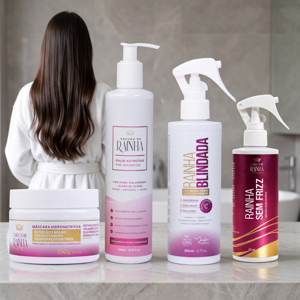 1 Balm Nutritivo Escudo da Rainha + 1 Spray Rainha Blindada + 1 Máscara Rainha Sem Frizz + 1 Máscara Hidronutritiva