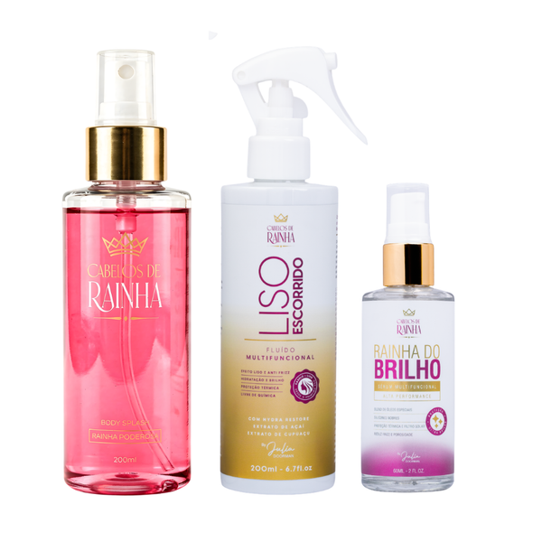1 Spray Liso Escorrido + 1  Sérum Rainha do Brilho + 1 Body Splash Rainha Poderosa da Cabelos de Rainha